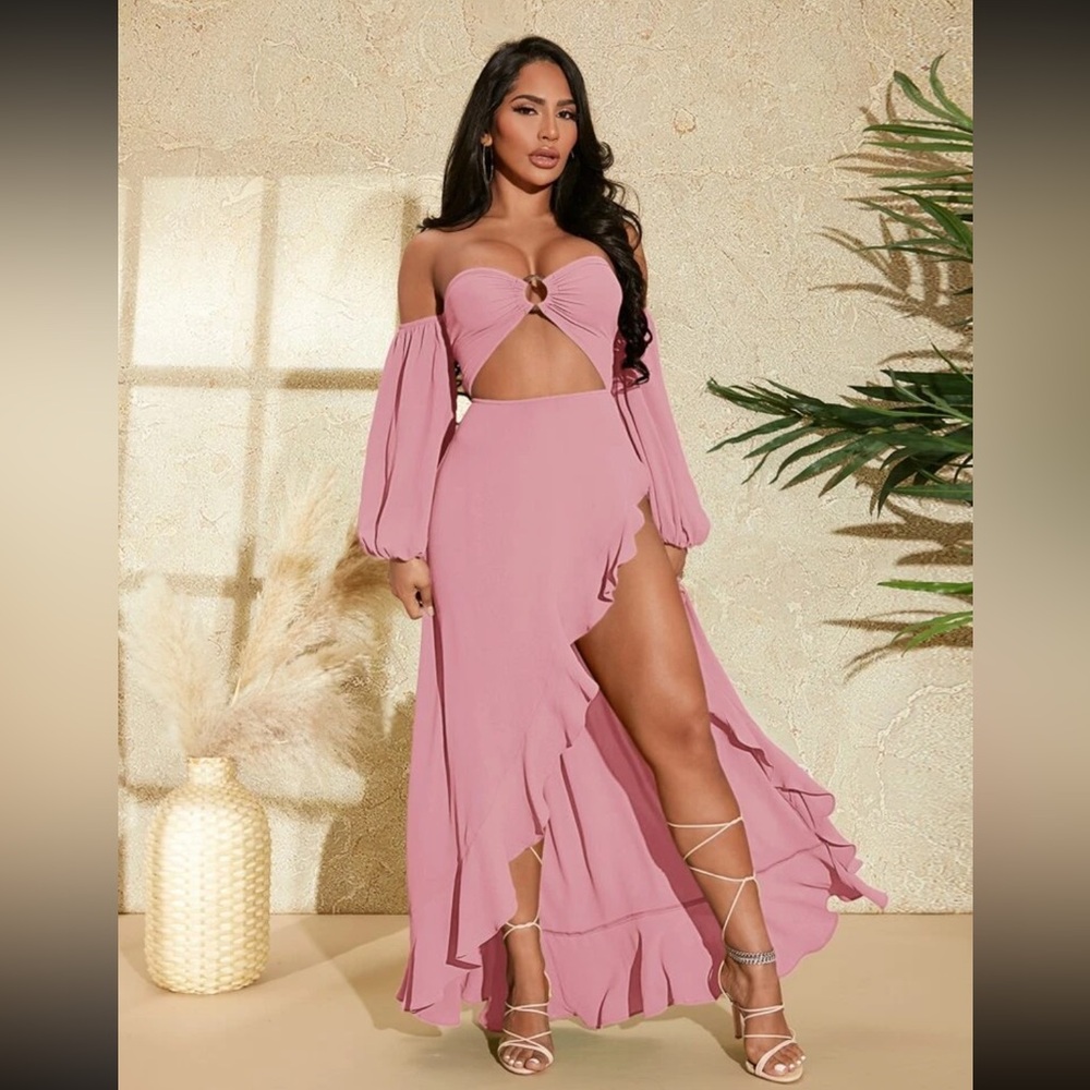 SHEIN SXY Off Shoulder Cut Out O-ring Detail Ruffle Trim Split Hem Dress